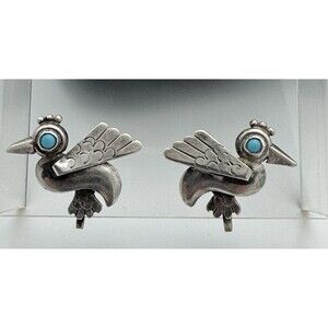 Vintage Bird Mexican Sterling Silver 925 And Turquoise Screwback Earrings Mexico